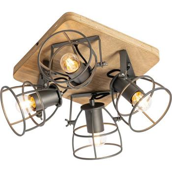 Foco industrial de madera con 4 luces orientable gris oscuro - Arthur, Acero Cuadrada, Adecuado para LED, Max. 4 x 40 Watt