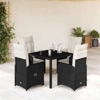 5-Piece Black Poly Rattan Garden Bistro Set with Cushions