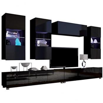 Conjunto de salón moderno Providence B109, negro y negro brillante, con mesa de TV y equipo adicional, partes separadas, aglomerado laminado, 300x43cm