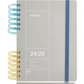Agenda escolar 2024-2025 gris con diseño Back to Basics, formato semana vista, encuadernación wire-o, multilingüe