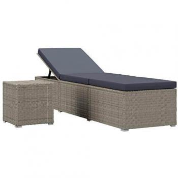 Gray Poly Rattan Sun Lounger with Cushion and Tea Table