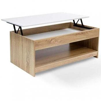 Mesa de centro elevable SOA en imitación madera de haya y tablero blanco