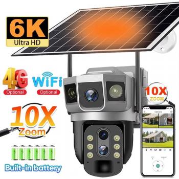 Cámara Solar Exterior 4G con Zoom 10X, Tres Lentes, 6K, 12MP, Inalámbrica PTZ, Detección de Movimiento PIR y Vigilancia CCTV