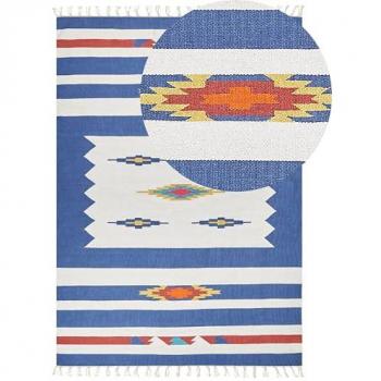 Alfombra Kilim Multicolor de Algodón 200 x 300 cm Tejida a Mano Reversible con Diseño Geométrico y Borlas