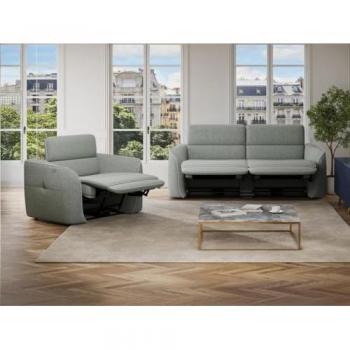 Sofá de 3 plazas y sillón reclinable eléctrico en tela gris jaspeado OZARTO