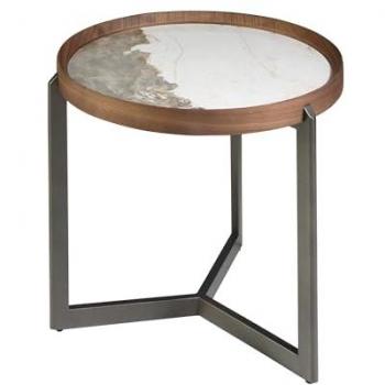 Mesa Rincón Redonda de Mármol Porcelánico, Nogal y Acero Visón Metal - 62 x 56 cm