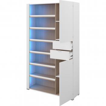 Zapatero moderno con iluminación LED - 2 puertas, 1 cajón, capacidad para 20 pares - Diseño en roble y negro - Dimensiones: 110 x 186 x 33 cm