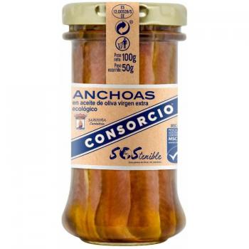 Pack x12 Consorcio Línea Sostenible Filetes de anchoa MSC en aceite de oliva virgen extra ecológico en tarro 100g