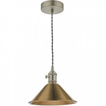 Lámpara colgante Hadano de Dar Lighting, tipo domo, cromo antiguo con pantalla de latón envejecido, 1 bombilla E14, longitud de 117 cm