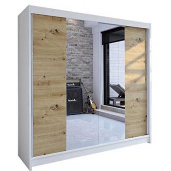 Armario Corredero Atlanta 138 Blanco y Roble Artisan con Espejo, 215x180x58cm, 5 Estantes