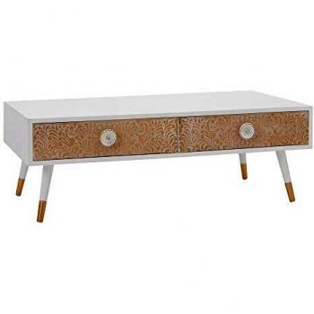 Mesa de Centro grabada de Madera de Pino Shabby Chic Blanca y Natural de 120x60x42 cm - LOLAhome