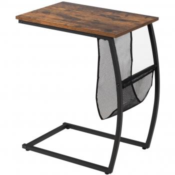 Mesita Auxiliar de Forma C con Bolsillo Lateral en Estilo Industrial para Sofá y Cama, Marrón, 52 x 35,5 x 59,5 cm