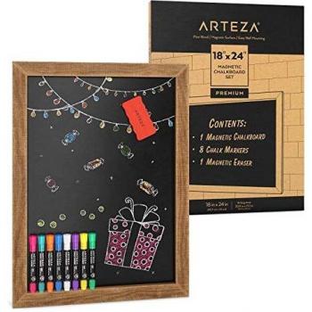 Arteza Magnetic Chalkboard for Walls, 18x24 Inch, Easy to Mount, Includes 8 Chalk Markers & a Magnetic Eraser, Rustic Black Chalk Board Sign for Kitchens, Cafes, Stores & Events