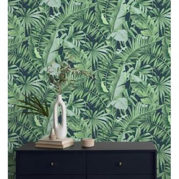 Papel Pintado Lavable Tropical Verde sobre Fondo Azul Oscuro - Maldivas Tropical 682358 de GAULAN - Rollo de 10 m x 0,53 m