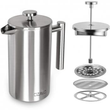 OZAVO Cafetera de Émbolo Individual Prensa Francesa Cafetera Acero Inoxidable con 3 Filtros Gratis Capacidad 1L- Color Plateado