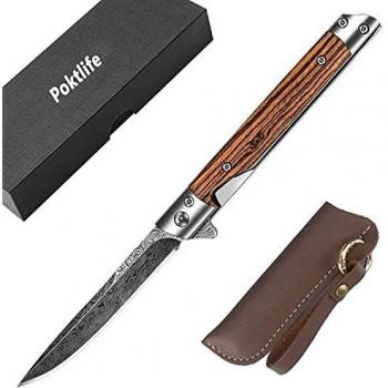 Poktlife Navaja Plegable,Cuchillo Supervivencia con Mango de Madera,Navaja Caza Pesca,Acero Inoxidable de Bolsillo Navaja,para Acampar, Picnic,Caza