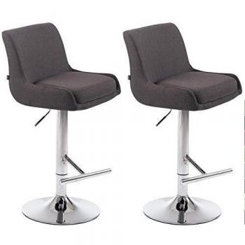 Set de 2 taburetes altos regulables en altura con reposapiés y giratorios, tapizados en tela gris oscuro con base cromada