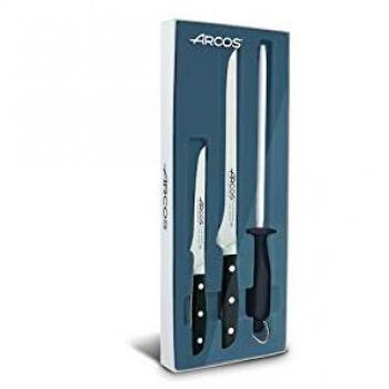 Arcos Serie Manhattan, Set Jamonero de 3 piezas, 1 Cuchillo Jamonero + 1 Deshuesador + 1 Chaira, Hoja de Acero Inoxidable Forjado Nitrum, Mango de Polioximetileno, POM, Color Negro