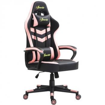 Vinsetto Silla Gaming Ergonómica Rosa Basculante con Altura Regulable, Reposacabezas y Cojín Lumbar Desmontable 61x70x121-129 cm