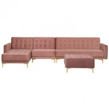 Sofá Esquinero Modular de 5 Plazas en Terciopelo Rosa con Chaise Longue y Otomana Derecho