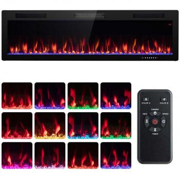60-Inch Black Wall Mount/Recessed Linear Electric Fireplace with Multi-Color Flames and 1500W Power