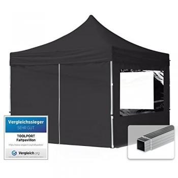 Carpa Plegable Toolport Gazebo 3x3m con Laterales de Aluminio, Telo Repelente al Agua, Color Negro, Ventanas Panorámicas