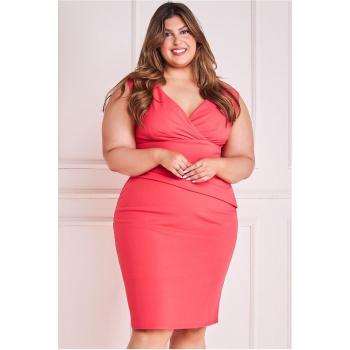Goddiva Plus Bardot Pleated Midi Dress - Coral