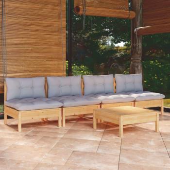 5 Piece Pinewood Garden Lounge Set with Gray Cushions