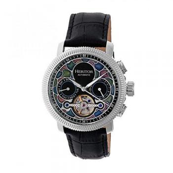 Heritor Aura Men's Automatic Semi-Skeleton Leather Watch with Day/Date - Black & Silver