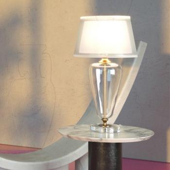 Maytoni Lámpara de mesa Verre, moderna, altura 54 cm, base decorativa de vidrio transparente, pantalla cónica redonda de latón, color oro/blanco