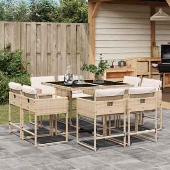 9-Piece Beige Poly Rattan Garden Dining Set with Cushions