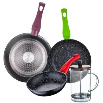 Juego de 3 Sartenes San Ignacio (18/22/26 cm) + Delantal de Cocina Gris Oscuro 100% Algodón 75x80cm + Cafetera de Émbolo de Vidrio Borosilicato