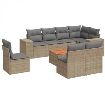 Set de Sofás de Jardín 9 pzas con Cojines Ratán Sintético Beige