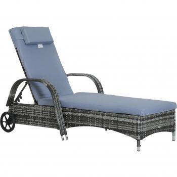 Tumbona de Ratán de Jardín Chaise Longue con Respaldo Ajustable en 5 Posiciones Cojines Acolchados Reposacabezas y 2 Ruedas 200x73x30-