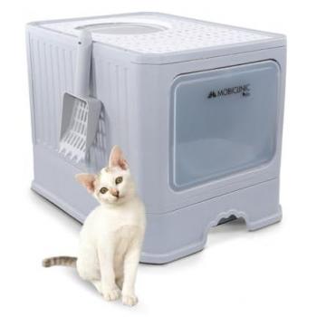 Arenero cubierto para gatos Mobiclinic® Pets con cajón extraíble, pala incluida, doble entrada frontal y superior, rejilla superior, estética elegante y estructura desmontable