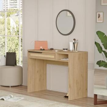 Tocador de Maquillaje Kvænangen con Cajón 100x45x75cm - Roble y Efecto Ratán