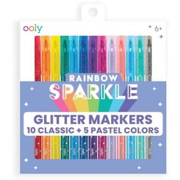 Rainbow Sparkle Glitter Markers Set of 15 - Includes 5 Pastel & 10 Classic Colors, Medium Nib for Kids