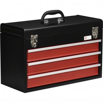 Caja de herramientas vacía de acero con 3 cajones, compartimento superior, asa y cerraduras, color negro y rojo