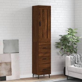 Aparador alto de madera contrachapada marrón 34,5x34x180 cm con 3 cajones, mueble de almacenaje para salón, buffet y armario auxiliar