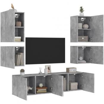 Mueble de TV de pared 6 piezas en madera de ingeniería gris hormigón