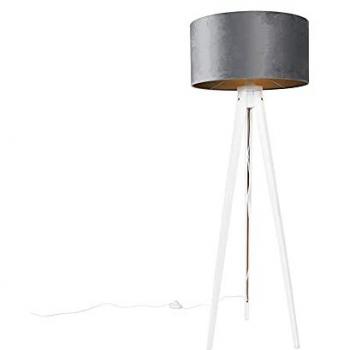 Lámpara de pie moderna trípode blanco con pantalla de terciopelo gris 50cm - TRÍPODE CLÁSICO