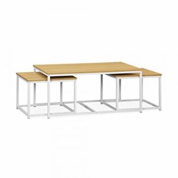 Juego de 3 mesas nido encastrables de metal blanco mate con decoración en madera - Loft - 100x60x45 cm y 2x50x50x38 cm