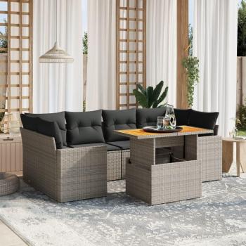 7-Piece Grey Poly Rattan Garden Sofa Set with Cushions