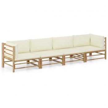 4-Piece Bamboo Garden Lounge Set with Cream White Cushions