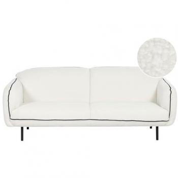 Sofá 3 plazas retro glamour art deco bouclé blanco Tonsberg con tapicería de vellón, patas de metal y bordes negros