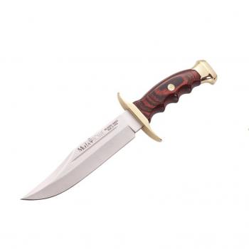 Cuchillo de Caza Muela Bowie BW-18 con Hoja de 18 cm, Peso 400 gramos y Puño de Madera Coral prensada con Detalles en Latón + Tarjeta Multiusos de Regalo