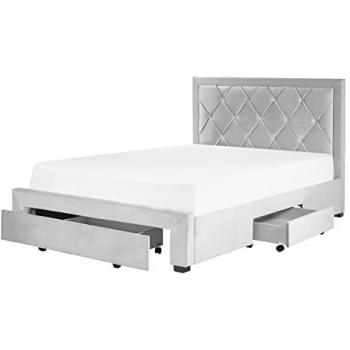 Cama con almacenaje de terciopelo gris claro 140 x 200 cm, cabecero alto capitoné y cajones Lievin