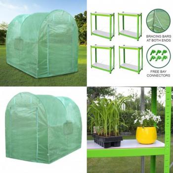 Invernadero Politúnel con Estantería Galvanizada de Jardín 2 x 2.5m, Puertas de Cultivo, Cubierta de PE, Marco Metálico, Almacenamiento al Aire