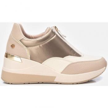 Zapatillas deportivas de mujer color beige con cierre de cordones y cremallera - Altura cuña 6cm