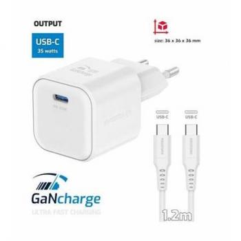 Cargador de pared GaN 35W Rápido con 1x USB-C y cable USB-C de 1,2 m Blanco